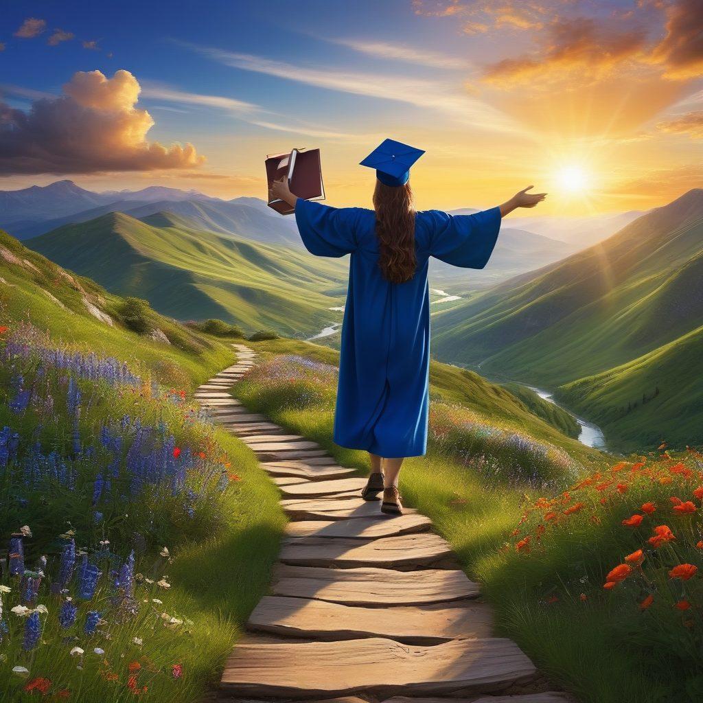 A student standing triumphantly on a mountaintop, holding books and a graduation cap, symbolizing knowledge and achievement. Below, a winding path filled with resources like libraries, mentors, and online tools that lead to a shining sun representing happiness and fulfillment in education. The atmosphere should evoke a sense of empowerment and hope, with bright colors and vibrant scenery. super-realistic. vibrant colors. inspiring landscape.