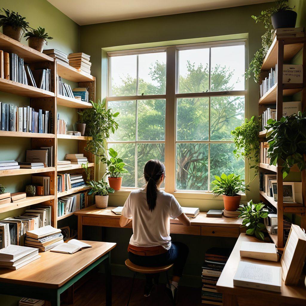 A serene student studying in a cozy, sunlit room filled with books, plants, and motivational quotes on the walls. Their expression reflects determination amidst a backdrop of soft, flowing colors symbolizing emotional resilience. Include a window showing a bright, hopeful sky. super-realistic. vibrant colors. warm tones.