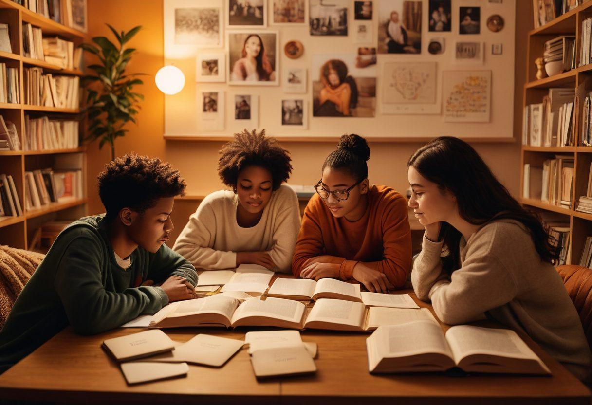 A diverse group of students in a cozy study environment, collaborating on a project, with books and supportive resources scattered around. Warm lighting creates a nurturing atmosphere, showcasing expressions of determination and empathy on their faces. Visual elements representing emotional support, like heart-shaped icons and speech bubbles, subtly integrated into the background. super-realistic. warm colors. soft focus.